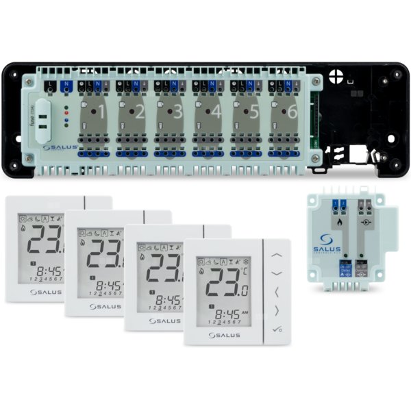 SALUS StartPack Standard - zestaw przewodowego sterowania ogrzewaniem podłogowym bez zarządzania przez Internet: KL06-M, PL07, 4 x VS30W